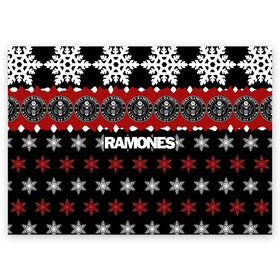 Поздравительная открытка с принтом Праздничный Ramones в Белгороде, 100% бумага | плотность бумаги 280 г/м2, матовая, на обратной стороне линовка и место для марки
 | ramones | группа | джонни | джоуи | ди ди томми | знак | красный | марк | надпись | новогодний | новый год | панк | поп | праздник | раманес | раманэс | рамон | рамонес | рамонэс | рамоун | рамоунз | рамоунс