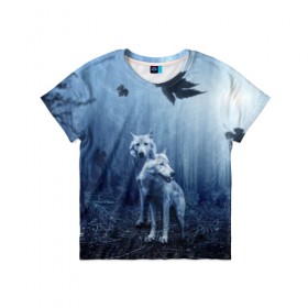 Детская футболка 3D с принтом White wolves в Белгороде, 100% гипоаллергенный полиэфир | прямой крой, круглый вырез горловины, длина до линии бедер, чуть спущенное плечо, ткань немного тянется | forest | night | wolves | волки | зверь | лес | ночь | пуща | хищник | чаща