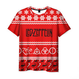 Мужская футболка 3D с принтом Праздничный Led Zeppelin в Белгороде, 100% полиэфир | прямой крой, круглый вырез горловины, длина до линии бедер | led zeppelin | блюз | группа | джимми пейдж | джон генри бонэм | джон пол джонс | знак | красный | лед зепелен | лед зеппелин | метал | надпись | новогодний | новый год | праздник | роберт плант | рождество