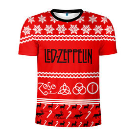 Мужская футболка 3D спортивная с принтом Праздничный Led Zeppelin в Белгороде, 100% полиэстер с улучшенными характеристиками | приталенный силуэт, круглая горловина, широкие плечи, сужается к линии бедра | Тематика изображения на принте: led zeppelin | блюз | группа | джимми пейдж | джон генри бонэм | джон пол джонс | знак | красный | лед зепелен | лед зеппелин | метал | надпись | новогодний | новый год | праздник | роберт плант | рождество