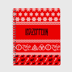 Тетрадь с принтом Праздничный Led Zeppelin в Белгороде, 100% бумага | 48 листов, плотность листов — 60 г/м2, плотность картонной обложки — 250 г/м2. Листы скреплены сбоку удобной пружинной спиралью. Уголки страниц и обложки скругленные. Цвет линий — светло-серый
 | led zeppelin | блюз | группа | джимми пейдж | джон генри бонэм | джон пол джонс | знак | красный | лед зепелен | лед зеппелин | метал | надпись | новогодний | новый год | праздник | роберт плант | рождество
