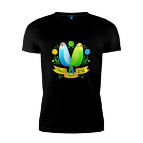 Мужская футболка премиум с принтом Попугаи арт в Белгороде, 92% хлопок, 8% лайкра | приталенный силуэт, круглый вырез ворота, длина до линии бедра, короткий рукав | волнистый попугай | джунгли | попугай