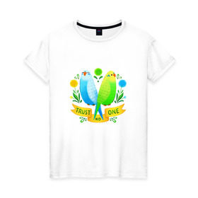 Женская футболка хлопок с принтом Попугаи арт в Белгороде, 100% хлопок | прямой крой, круглый вырез горловины, длина до линии бедер, слегка спущенное плечо | волнистый попугай | джунгли | попугай
