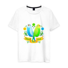Мужская футболка хлопок с принтом Попугаи арт в Белгороде, 100% хлопок | прямой крой, круглый вырез горловины, длина до линии бедер, слегка спущенное плечо. | Тематика изображения на принте: волнистый попугай | джунгли | попугай