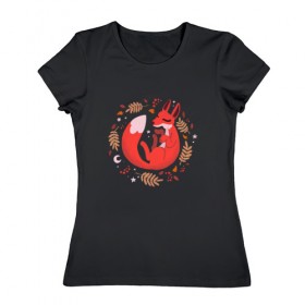 Женская футболка хлопок с принтом Лиса в Белгороде, 100% хлопок | прямой крой, круглый вырез горловины, длина до линии бедер, слегка спущенное плечо | лиса | осень