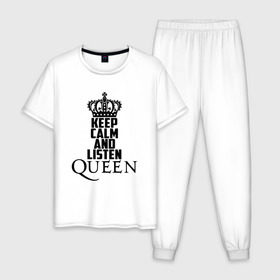 Мужская пижама хлопок с принтом Keep calm and listen Queen в Белгороде, 100% хлопок | брюки и футболка прямого кроя, без карманов, на брюках мягкая резинка на поясе и по низу штанин
 | paul rodgers | queen | quen | брайан мэй | глэм | группа | джон дикон | квин | королева | куин | меркури | меркьюри | мэркури | поп | роджер тейлор | рок | фредди | фреди | хард | хардрок