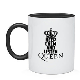 Кружка двухцветная с принтом Keep calm and listen Queen в Белгороде, керамика | объем — 330 мл, диаметр — 80 мм. Цветная ручка и кайма сверху, в некоторых цветах — вся внутренняя часть | Тематика изображения на принте: paul rodgers | queen | quen | брайан мэй | глэм | группа | джон дикон | квин | королева | куин | меркури | меркьюри | мэркури | поп | роджер тейлор | рок | фредди | фреди | хард | хардрок