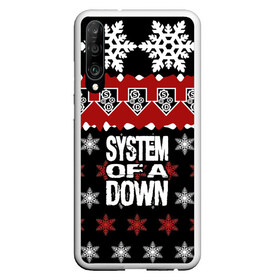 Чехол для Honor P30 с принтом Праздничный System of a Down в Белгороде, Силикон | Область печати: задняя сторона чехла, без боковых панелей | Тематика изображения на принте: soad | soil | system of a down | группа | дав | дарон малакян | джон долмаян | знак | красный | надпись | новогодний | новый год | оф | праздник | рождество | рок | серж танкян | систем | снежинки | соад | сод | соэд