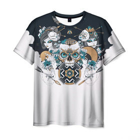 Мужская футболка 3D с принтом SKULL JAPAN в Белгороде, 100% полиэфир | прямой крой, круглый вырез горловины, длина до линии бедер | Тематика изображения на принте: arrow | skull | белый | девушка | линии | маски.кот | модные | небо | облако | синий | скелет | стимпанк | стрелы | череп | яркие