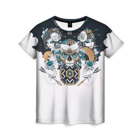Женская футболка 3D с принтом SKULL JAPAN в Белгороде, 100% полиэфир ( синтетическое хлопкоподобное полотно) | прямой крой, круглый вырез горловины, длина до линии бедер | arrow | skull | белый | девушка | линии | маски.кот | модные | небо | облако | синий | скелет | стимпанк | стрелы | череп | яркие