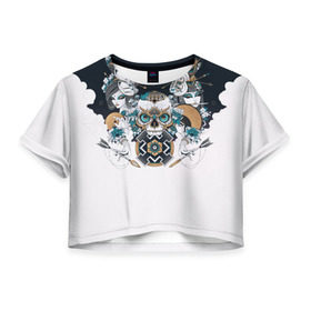 Женская футболка 3D укороченная с принтом SKULL JAPAN в Белгороде, 100% полиэстер | круглая горловина, длина футболки до линии талии, рукава с отворотами | arrow | skull | белый | девушка | линии | маски.кот | модные | небо | облако | синий | скелет | стимпанк | стрелы | череп | яркие