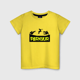 Детская футболка хлопок с принтом parkour в Белгороде, 100% хлопок | круглый вырез горловины, полуприлегающий силуэт, длина до линии бедер | Тематика изображения на принте: extreme | jumping | parkour | speed | urban | опасность | паркур | прыжки | риск | скорость | экстрим