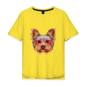 Мужская футболка хлопок Oversize с принтом Йоркширский терьер в очках сердечках в Белгороде, 100% хлопок | свободный крой, круглый ворот, “спинка” длиннее передней части | домашние животные | пес | собака | терьер