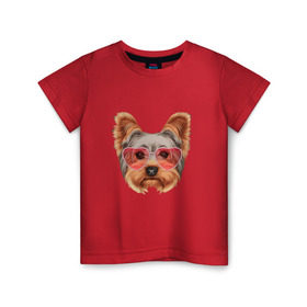 Детская футболка хлопок с принтом Йоркширский терьер в очках сердечках в Белгороде, 100% хлопок | круглый вырез горловины, полуприлегающий силуэт, длина до линии бедер | домашние животные | пес | собака | терьер