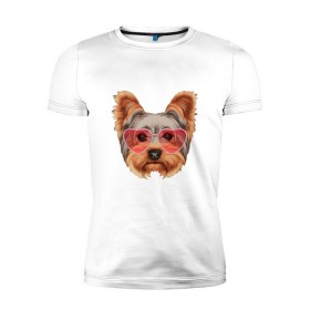 Мужская футболка премиум с принтом Йоркширский терьер в очках сердечках в Белгороде, 92% хлопок, 8% лайкра | приталенный силуэт, круглый вырез ворота, длина до линии бедра, короткий рукав | домашние животные | пес | собака | терьер