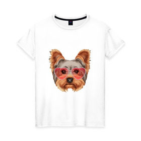 Женская футболка хлопок с принтом Йоркширский терьер в очках сердечках в Белгороде, 100% хлопок | прямой крой, круглый вырез горловины, длина до линии бедер, слегка спущенное плечо | домашние животные | пес | собака | терьер