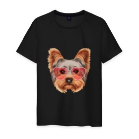 Мужская футболка хлопок с принтом Йоркширский терьер в очках сердечках в Белгороде, 100% хлопок | прямой крой, круглый вырез горловины, длина до линии бедер, слегка спущенное плечо. | домашние животные | пес | собака | терьер