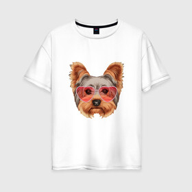 Женская футболка хлопок Oversize с принтом Йоркширский терьер в очках сердечках в Белгороде, 100% хлопок | свободный крой, круглый ворот, спущенный рукав, длина до линии бедер
 | домашние животные | пес | собака | терьер