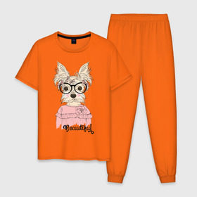 Мужская пижама хлопок с принтом Beautiful в Белгороде, 100% хлопок | брюки и футболка прямого кроя, без карманов, на брюках мягкая резинка на поясе и по низу штанин
 | домашние животные | йоркширский терьер | пес | песик | собака | собачка | терьер | шпиц