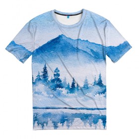 Мужская футболка 3D с принтом Зимний пейзаж в Белгороде, 100% полиэфир | прямой крой, круглый вырез горловины, длина до линии бедер | арт | елки | зима | картина | краски | лес | пейзаж | природа
