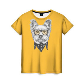 Женская футболка 3D с принтом Йоркширский терьер_в очках в Белгороде, 100% полиэфир ( синтетическое хлопкоподобное полотно) | прямой крой, круглый вырез горловины, длина до линии бедер | домашние животные | пес | собака | терьер