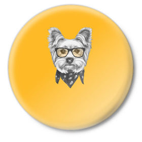 Значок с принтом Йоркширский терьер_в очках в Белгороде,  металл | круглая форма, металлическая застежка в виде булавки | домашние животные | пес | собака | терьер