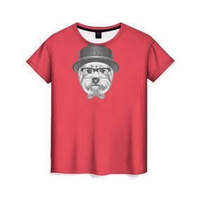 Женская футболка 3D с принтом Йоркширский терьер в шляпе в Белгороде, 100% полиэфир ( синтетическое хлопкоподобное полотно) | прямой крой, круглый вырез горловины, длина до линии бедер | домашние животные | пес | собака | терьер