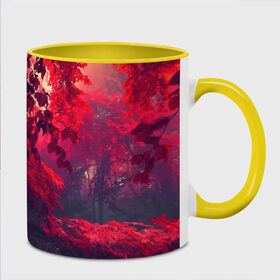 Кружка 3D с принтом Мрачный лес в Белгороде, керамика | ёмкость 330 мл | вечер | времена | время | года | дерево | деревья | живой | закат | красный | куст | кусты | лес | листья | мир | осень | природа | фауна | флора | черный