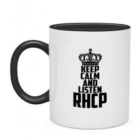 Кружка двухцветная с принтом Keep calm and listen RHCP в Белгороде, керамика | объем — 330 мл, диаметр — 80 мм. Цветная ручка и кайма сверху, в некоторых цветах — вся внутренняя часть | red hot chili peppers | rhcp | альтернативный | группа | джош клингхоффер | красные острые перцы чили | метал | ред хот чили пеперс | рок | рхчп | рэп | фанк | фли | чад смит | энтони кидис