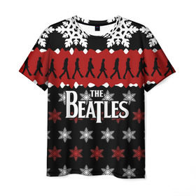 Мужская футболка 3D с принтом Праздничный The Beatles в Белгороде, 100% полиэфир | прямой крой, круглый вырез горловины, длина до линии бедер | beatles | the beatles | бител | битлз | битлс | битлы | группа | джон леннон | джордж харрисон | жуки | знак | красный | ливерпульская четвёрка | мерсибит | надпись | новогодний | новый год | пол маккартни | поп