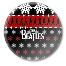 Значок с принтом Праздничный The Beatles в Белгороде,  металл | круглая форма, металлическая застежка в виде булавки | beatles | the beatles | бител | битлз | битлс | битлы | группа | джон леннон | джордж харрисон | жуки | знак | красный | ливерпульская четвёрка | мерсибит | надпись | новогодний | новый год | пол маккартни | поп
