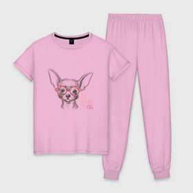 Женская пижама хлопок с принтом Чихуахуа в розовых очках в Белгороде, 100% хлопок | брюки и футболка прямого кроя, без карманов, на брюках мягкая резинка на поясе и по низу штанин | домашние животные | пес | собака