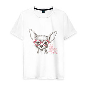 Мужская футболка хлопок с принтом Чихуахуа в розовых очках в Белгороде, 100% хлопок | прямой крой, круглый вырез горловины, длина до линии бедер, слегка спущенное плечо. | домашние животные | пес | собака