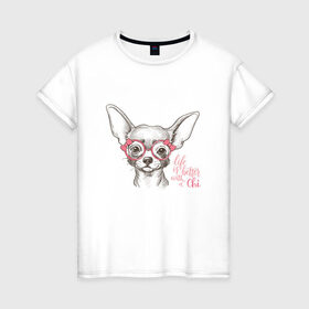 Женская футболка хлопок с принтом Чихуахуа в розовых очках в Белгороде, 100% хлопок | прямой крой, круглый вырез горловины, длина до линии бедер, слегка спущенное плечо | домашние животные | пес | собака