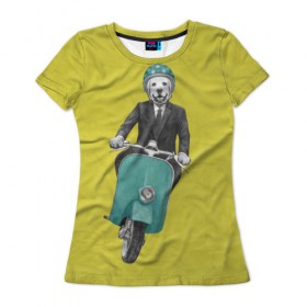 Женская футболка 3D с принтом Лабрадор на мотороллере в Белгороде, 100% полиэфир ( синтетическое хлопкоподобное полотно) | прямой крой, круглый вырез горловины, длина до линии бедер | 