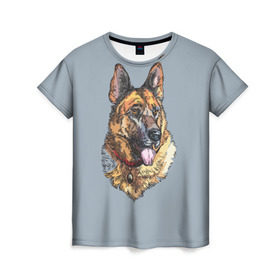 Женская футболка 3D с принтом Немецкая овчарка арт в Белгороде, 100% полиэфир ( синтетическое хлопкоподобное полотно) | прямой крой, круглый вырез горловины, длина до линии бедер | домашние животные | овчарка | пес | собака