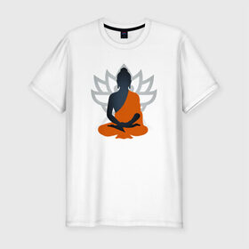 Мужская футболка премиум с принтом Лотос и Будда в Белгороде, 92% хлопок, 8% лайкра | приталенный силуэт, круглый вырез ворота, длина до линии бедра, короткий рукав | будда | буддизм | лотос | оранжевый | символ | цветок
