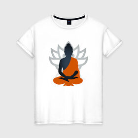 Женская футболка хлопок с принтом Лотос и Будда в Белгороде, 100% хлопок | прямой крой, круглый вырез горловины, длина до линии бедер, слегка спущенное плечо | будда | буддизм | лотос | оранжевый | символ | цветок