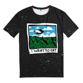 Мужская футболка 3D с принтом I want to eat в Белгороде, 100% полиэфир | прямой крой, круглый вырез горловины, длина до линии бедер | Тематика изображения на принте: арт | еда | лес | нло | облака | пельмени | пельмень | поля | тесто
