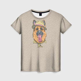 Женская футболка 3D с принтом Немецкая овчарка в шляпке в Белгороде, 100% полиэфир ( синтетическое хлопкоподобное полотно) | прямой крой, круглый вырез горловины, длина до линии бедер | домашние животные | овчарка | пес | собака