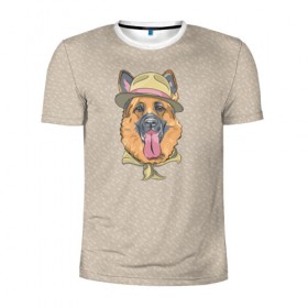 Мужская футболка 3D спортивная с принтом Немецкая овчарка в шляпке в Белгороде, 100% полиэстер с улучшенными характеристиками | приталенный силуэт, круглая горловина, широкие плечи, сужается к линии бедра | домашние животные | овчарка | пес | собака