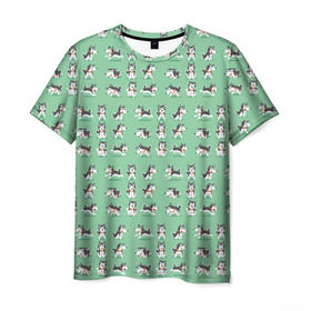 Мужская футболка 3D с принтом Веселые хаски в Белгороде, 100% полиэфир | прямой крой, круглый вырез горловины, длина до линии бедер | Тематика изображения на принте: домашние животные | пес | песик | собака | собачка | хаски