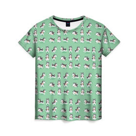 Женская футболка 3D с принтом Веселые хаски в Белгороде, 100% полиэфир ( синтетическое хлопкоподобное полотно) | прямой крой, круглый вырез горловины, длина до линии бедер | домашние животные | пес | песик | собака | собачка | хаски