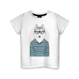 Детская футболка хлопок с принтом Хаски в свитере в Белгороде, 100% хлопок | круглый вырез горловины, полуприлегающий силуэт, длина до линии бедер | домашние животные | пес | песик | собака | собачка | хаски