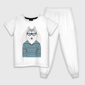 Детская пижама хлопок с принтом Хаски в свитере в Белгороде, 100% хлопок |  брюки и футболка прямого кроя, без карманов, на брюках мягкая резинка на поясе и по низу штанин
 | домашние животные | пес | песик | собака | собачка | хаски