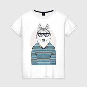 Женская футболка хлопок с принтом Хаски в свитере в Белгороде, 100% хлопок | прямой крой, круглый вырез горловины, длина до линии бедер, слегка спущенное плечо | домашние животные | пес | песик | собака | собачка | хаски