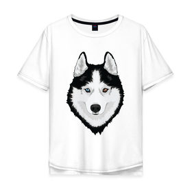 Мужская футболка хлопок Oversize с принтом Хаски с разными глазами в Белгороде, 100% хлопок | свободный крой, круглый ворот, “спинка” длиннее передней части | домашние животные | пес | собака