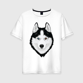 Женская футболка хлопок Oversize с принтом Хаски с разными глазами в Белгороде, 100% хлопок | свободный крой, круглый ворот, спущенный рукав, длина до линии бедер
 | домашние животные | пес | собака