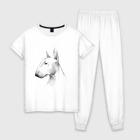 Женская пижама хлопок с принтом бультерьер графичный в Белгороде, 100% хлопок | брюки и футболка прямого кроя, без карманов, на брюках мягкая резинка на поясе и по низу штанин | бультерьер | домашние животные | пес | песик | собака | собачка