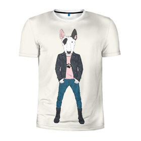 Мужская футболка 3D спортивная с принтом Бультерьер в косухе в Белгороде, 100% полиэстер с улучшенными характеристиками | приталенный силуэт, круглая горловина, широкие плечи, сужается к линии бедра | Тематика изображения на принте: домашние животные | пес | собака